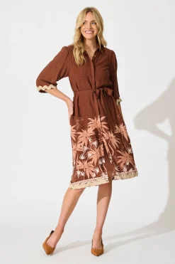 Fashion Mirabelle Midi Shirt Dress in Brown Palm Tree Border Print Dresses|Casual