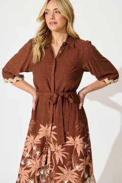 Fashion Mirabelle Midi Shirt Dress in Brown Palm Tree Border Print Dresses|Casual