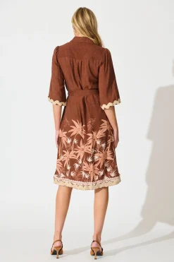Fashion Mirabelle Midi Shirt Dress in Brown Palm Tree Border Print Dresses|Casual