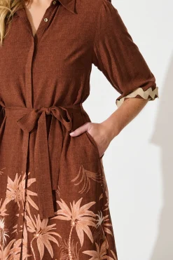 Fashion Mirabelle Midi Shirt Dress in Brown Palm Tree Border Print Dresses|Casual