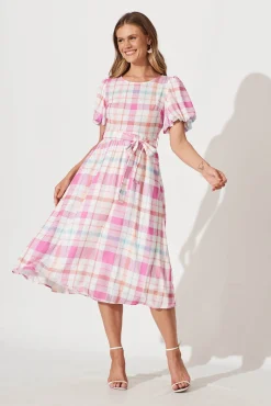 New Miranda Midi Dress In Pink With Multi Check Dresses|Casual