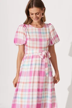 New Miranda Midi Dress In Pink With Multi Check Dresses|Casual