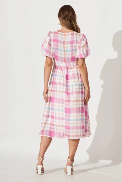 New Miranda Midi Dress In Pink With Multi Check Dresses|Casual