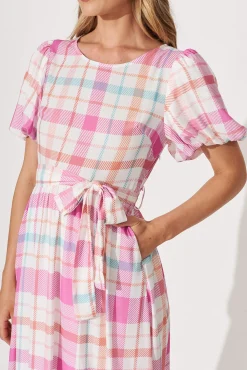 New Miranda Midi Dress In Pink With Multi Check Dresses|Casual
