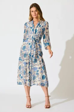 Discount Miren Midi Dress in White with Blue Floral Dresses|Casual