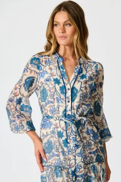 Discount Miren Midi Dress in White with Blue Floral Dresses|Casual