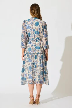 Discount Miren Midi Dress in White with Blue Floral Dresses|Casual