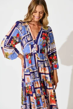Online Modical Midi Dress In Blue Multi Postcard Print Dresses