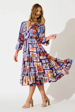 Online Modical Midi Dress In Blue Multi Postcard Print Dresses