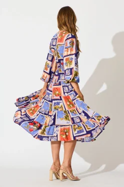 Online Modical Midi Dress In Blue Multi Postcard Print Dresses