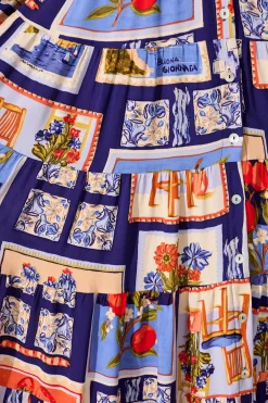 Online Modical Midi Dress In Blue Multi Postcard Print Dresses