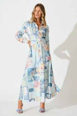 Outlet Moonlight Maxi Shirt Dress in Blue Patchwork Floral Dresses|Party