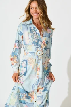 Outlet Moonlight Maxi Shirt Dress in Blue Patchwork Floral Dresses|Party