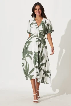 New My Sweet Midi Shirt Dress In White With Green Leaf Print Dresses|Casual