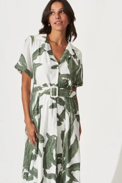 New My Sweet Midi Shirt Dress In White With Green Leaf Print Dresses|Casual