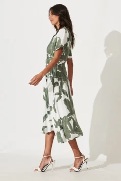 New My Sweet Midi Shirt Dress In White With Green Leaf Print Dresses|Casual