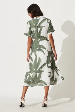 New My Sweet Midi Shirt Dress In White With Green Leaf Print Dresses|Casual