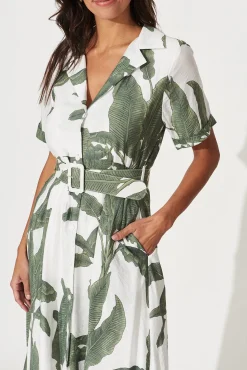 New My Sweet Midi Shirt Dress In White With Green Leaf Print Dresses|Casual