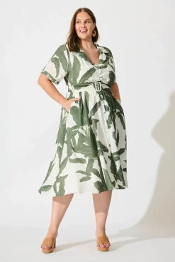 New My Sweet Midi Shirt Dress In White With Green Leaf Print Dresses|Casual