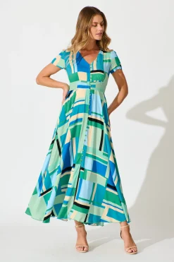 Outlet Mylee Maxi Dress in Blue with Green Geometric Dresses|Casual