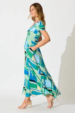 Outlet Mylee Maxi Dress in Blue with Green Geometric Dresses|Casual