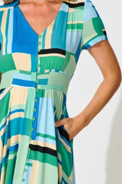 Outlet Mylee Maxi Dress in Blue with Green Geometric Dresses|Casual