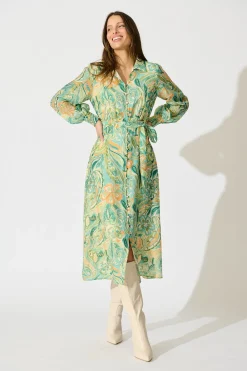 Hot Mystic Mirage Midi Shirt Dress in Multi Green Print Dresses|Party