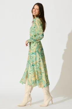 Hot Mystic Mirage Midi Shirt Dress in Multi Green Print Dresses|Party