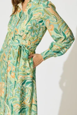 Hot Mystic Mirage Midi Shirt Dress in Multi Green Print Dresses|Party