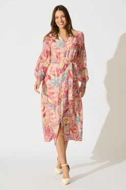 Online Mystic Mirage Midi Shirt Dress in Multi Pink Print Dresses|Party