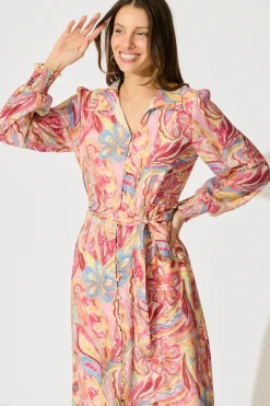 Online Mystic Mirage Midi Shirt Dress in Multi Pink Print Dresses|Party