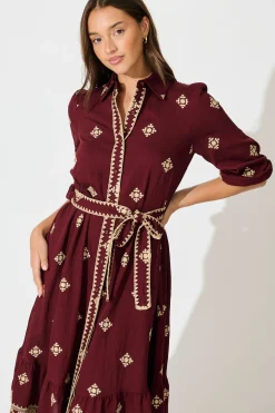Hot Nahla Midi Shirt Dress in Wine with Cream Embroidery Dresses|Casual