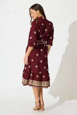 Hot Nahla Midi Shirt Dress in Wine with Cream Embroidery Dresses|Casual
