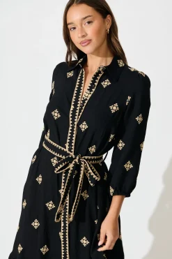 Outlet Nahla Midi Shirt Dress in Black with Cream Embroidery Dresses|Casual