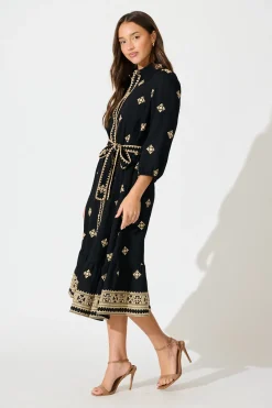Outlet Nahla Midi Shirt Dress in Black with Cream Embroidery Dresses|Casual