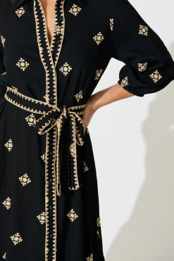 Outlet Nahla Midi Shirt Dress in Black with Cream Embroidery Dresses|Casual