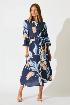 New Nalani Midi Shirt Dress in Navy with Multi Print Dresses|Casual