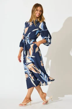 New Nalani Midi Shirt Dress in Navy with Multi Print Dresses|Casual