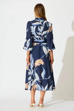New Nalani Midi Shirt Dress in Navy with Multi Print Dresses|Casual