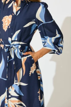 New Nalani Midi Shirt Dress in Navy with Multi Print Dresses|Casual
