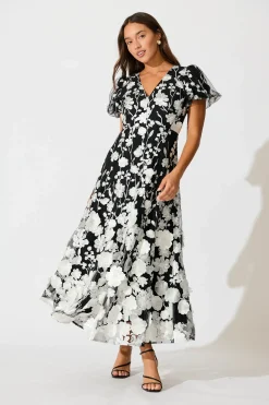 Best Nashira Maxi Dress in Black and White Embroidered Tulle Dresses|Party
