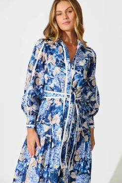 Outlet Nerina Maxi Shirt Dress in Navy Floral Linen Blend Engagement Party