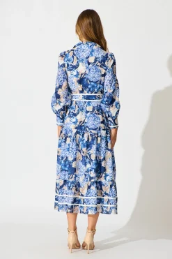 Outlet Nerina Maxi Shirt Dress in Navy Floral Linen Blend Engagement Party