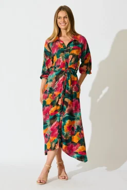 Outlet Neroli Midi Shirt Dress in Multi Watercolour Print Dresses|Casual