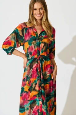 Outlet Neroli Midi Shirt Dress in Multi Watercolour Print Dresses|Casual