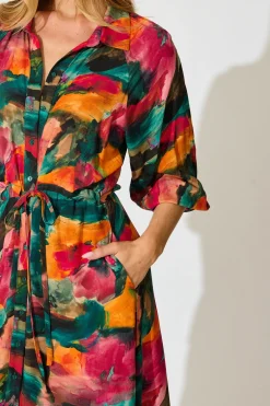 Outlet Neroli Midi Shirt Dress in Multi Watercolour Print Dresses|Casual