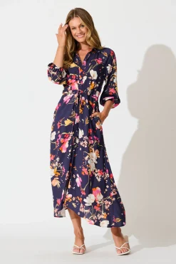Sale Neroli Midi Shirt Dress In Navy with Multi Floral Dresses|Casual