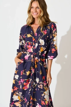 Sale Neroli Midi Shirt Dress In Navy with Multi Floral Dresses|Casual