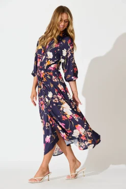 Sale Neroli Midi Shirt Dress In Navy with Multi Floral Dresses|Casual