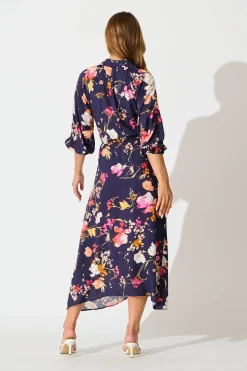 Sale Neroli Midi Shirt Dress In Navy with Multi Floral Dresses|Casual